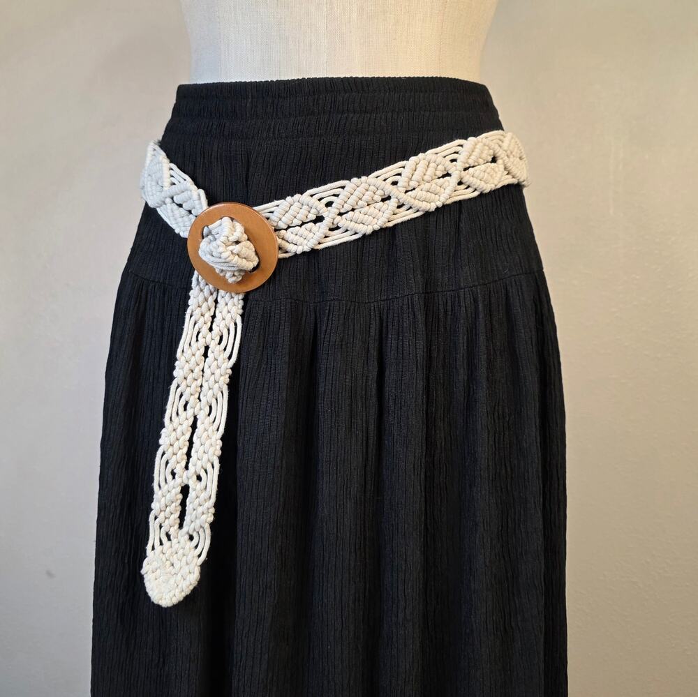 Vintage Cream Woven Fabric Belt Boho Coastal Cowgirl Crochet Wooden Buckle